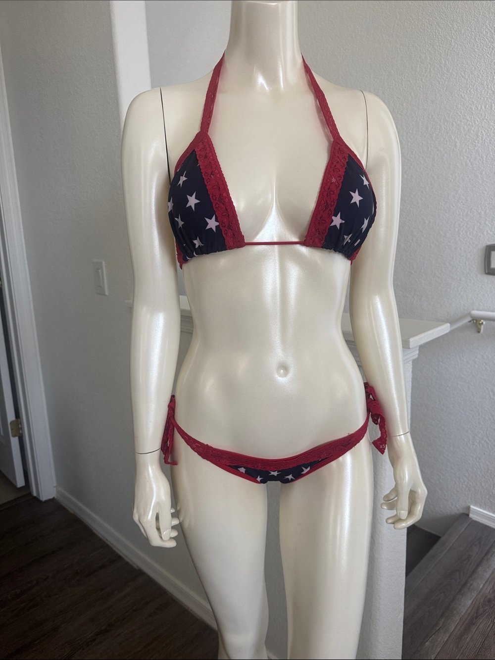 Beach Bunny Navy Star Triangle Bikini with Red Lace Trim